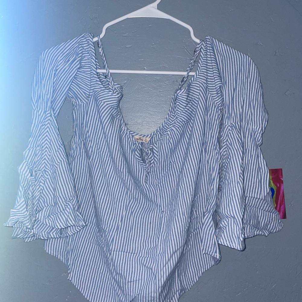 Hollister Blue Cold Shoulder Striped Women's Top Long Sleeve Blouse Medium